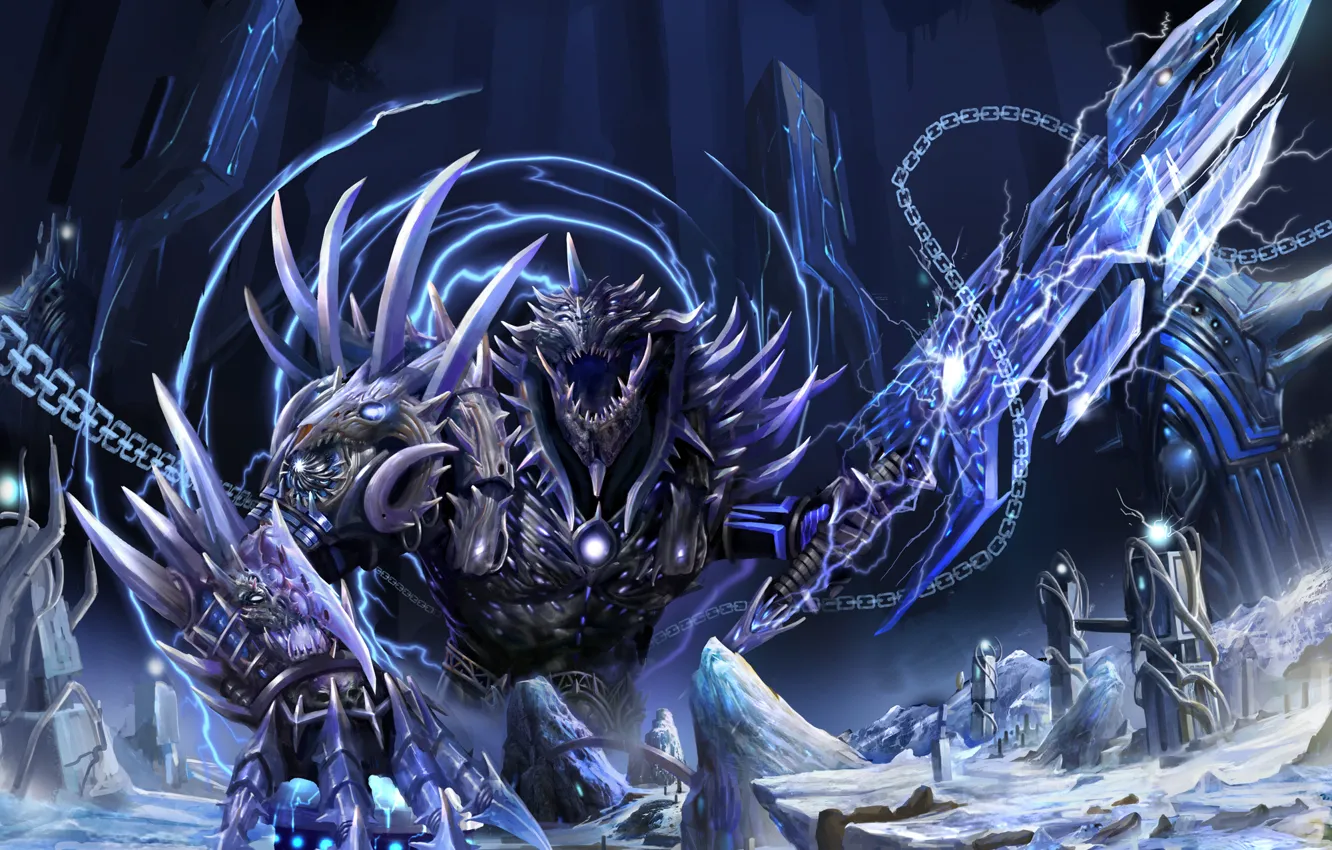 Photo wallpaper snow, tower, monster, sword, art, chain, The Return of the King