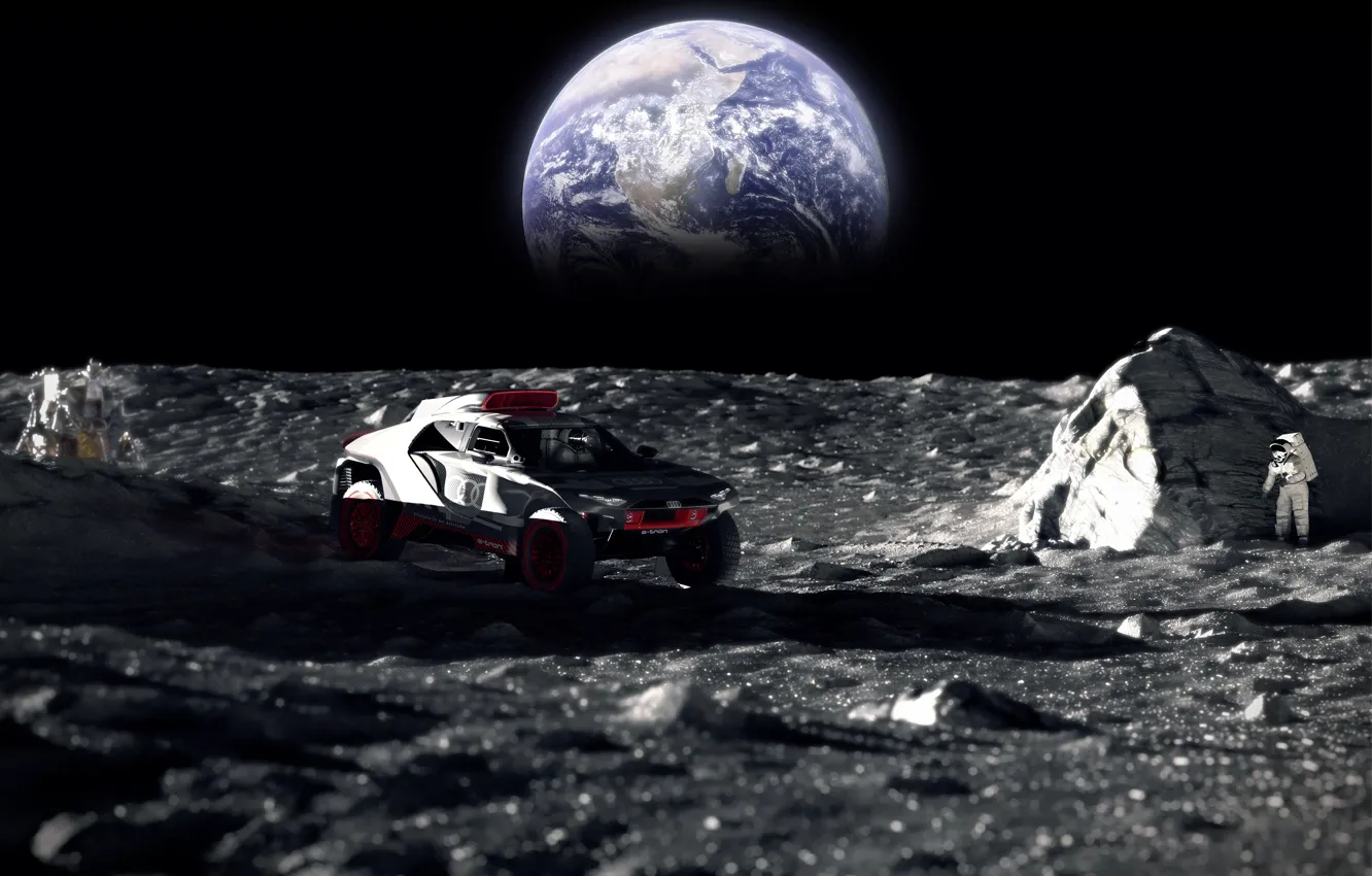 Photo wallpaper Audi, The moon, Earth, Astronaut, Audi RS Q e-tron, Virtual world tour, Virtual World Tour, …