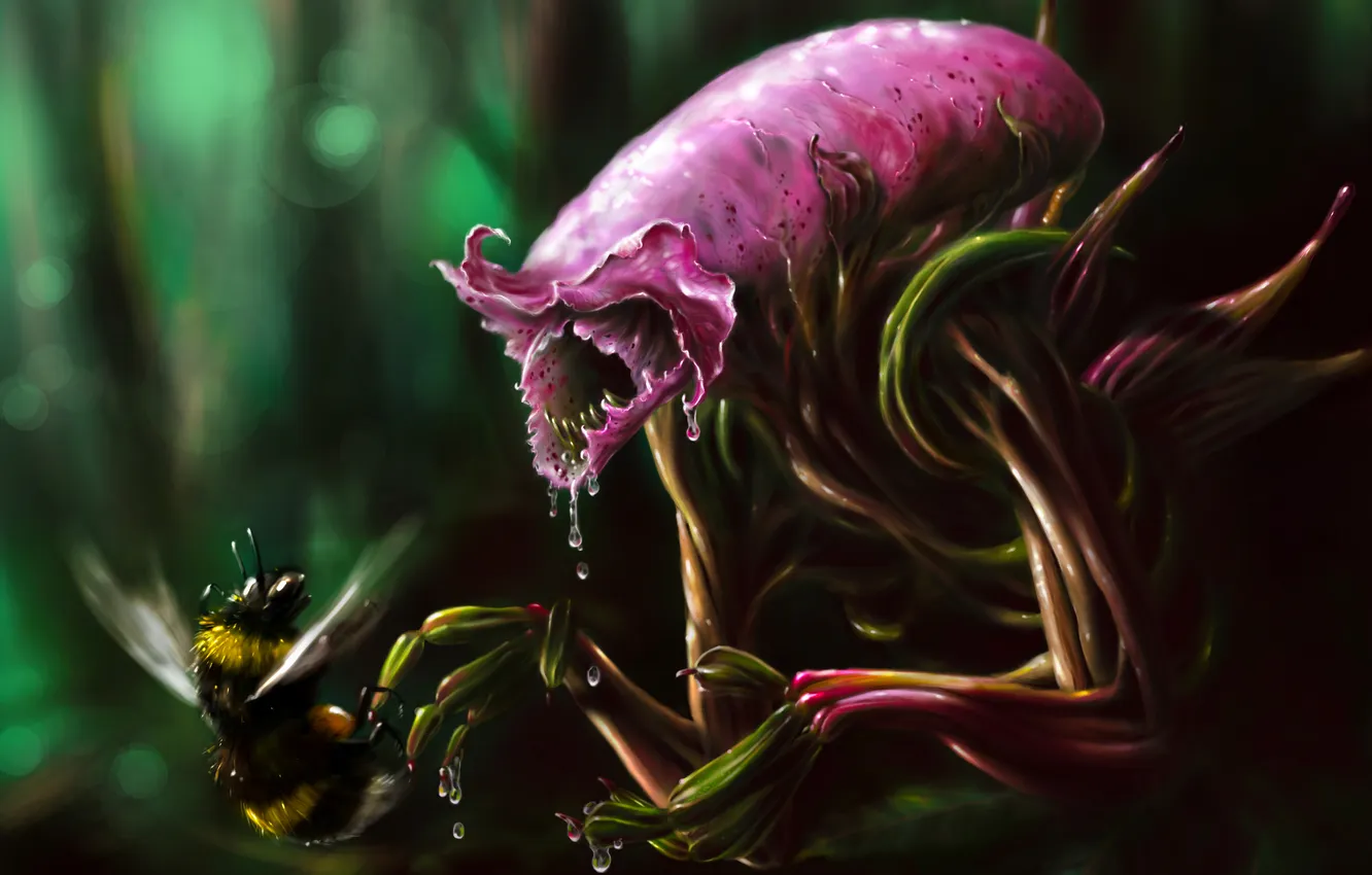 Photo wallpaper drops, flowers, bee, plant, food, monster, art, Stranger