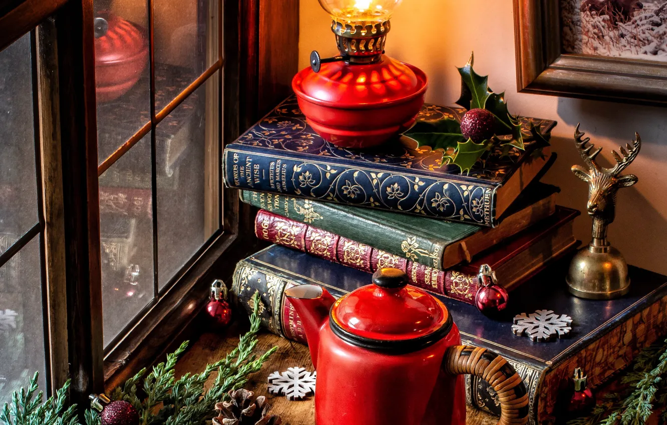 Photo wallpaper balls, snowflakes, branches, lamp, kettle, window, Christmas, book