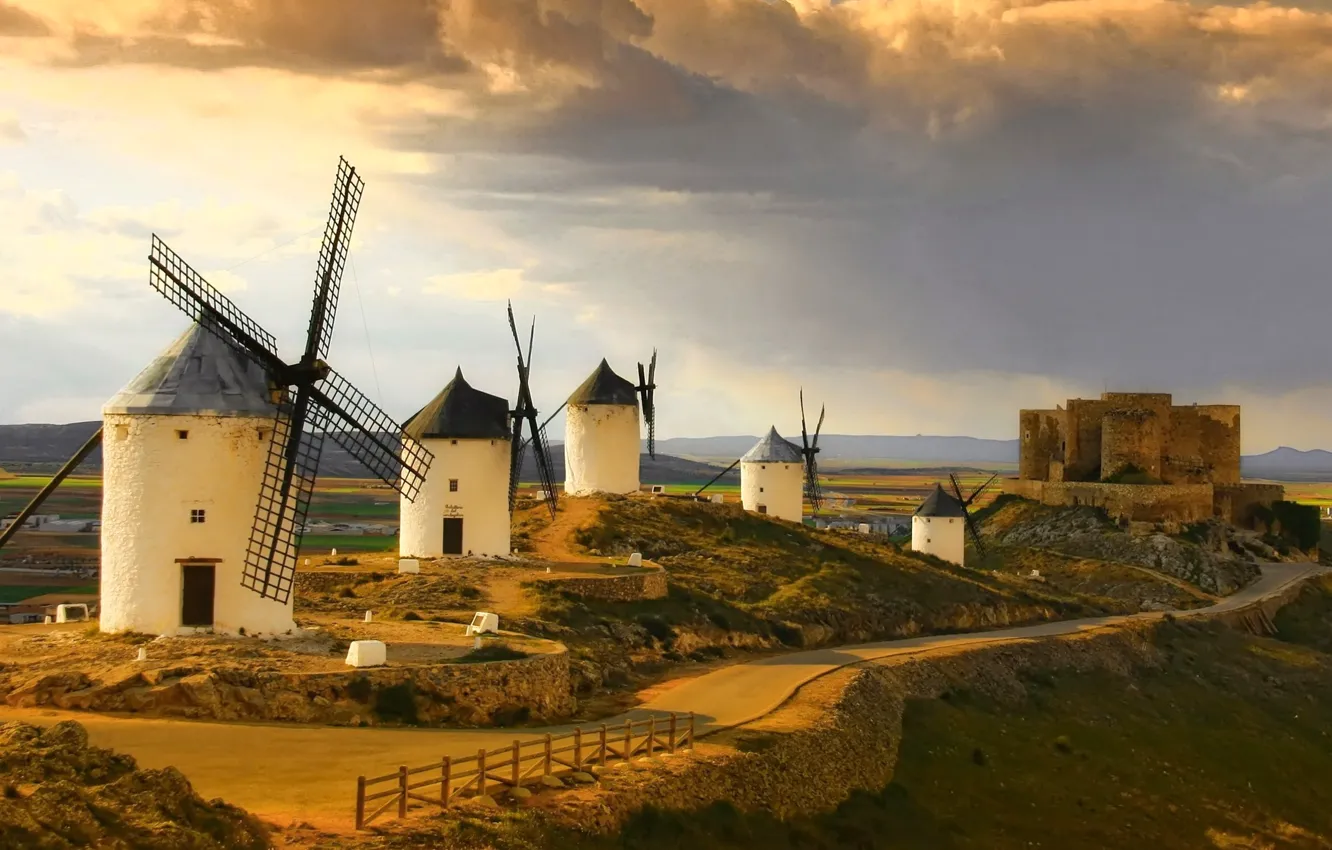 Photo wallpaper road, clouds, horizon, space, Windmills, Spain, Spain, windmills