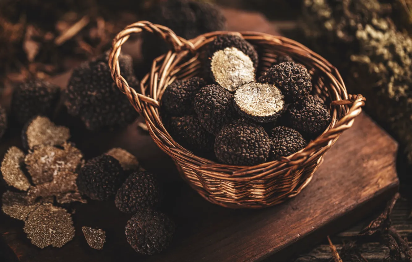 Photo wallpaper mushrooms, Board, harvest, basket, truffles