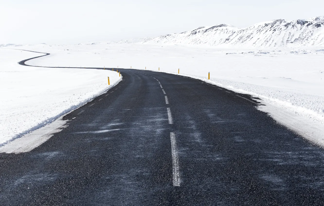 Photo wallpaper road, winter, snow, hills, way, Iceland, cold