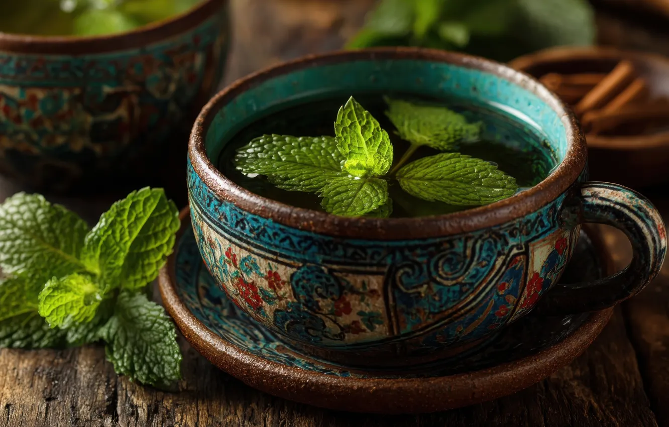 Photo wallpaper table, pattern, tea, Board, the tea party, mug, Cup, leaves