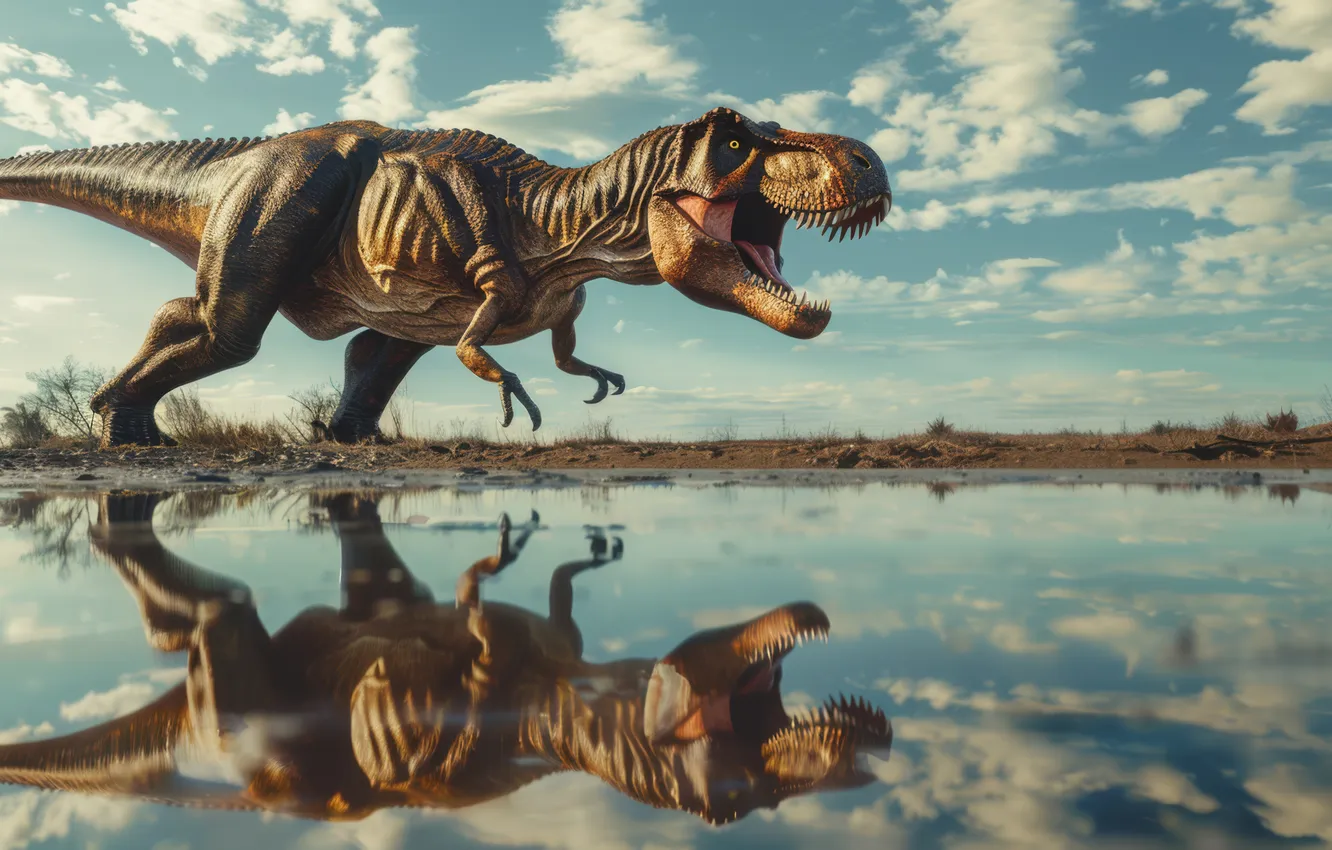 Photo wallpaper water, reflection, animal, dinosaur, predator, grin, Tyrannosaurus, digital art
