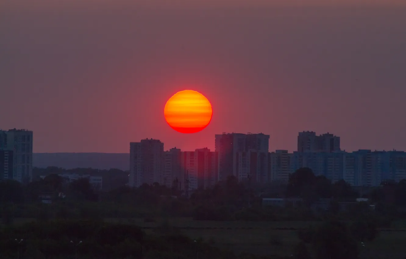 Photo wallpaper summer, the sky, the sun, trees, sunset, the city, building, home
