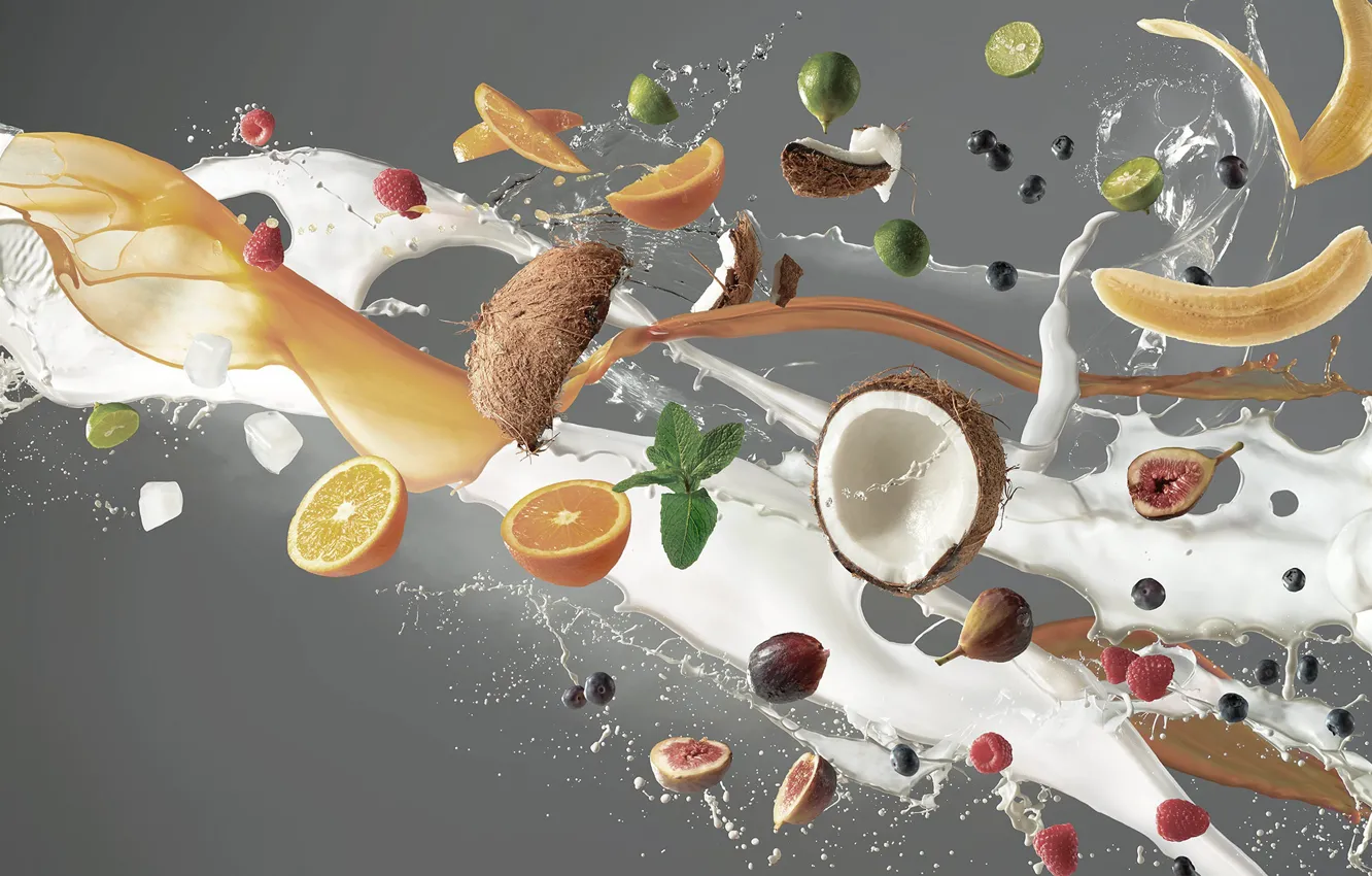 Photo wallpaper raspberry, orange, coconut, milk, bananas, lime, fruit, blueberries