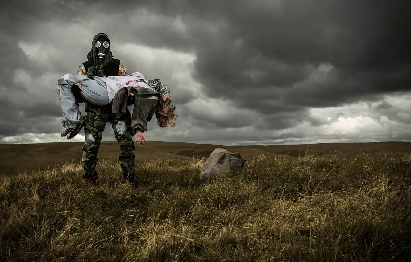 Photo wallpaper field, girl, gas mask, male