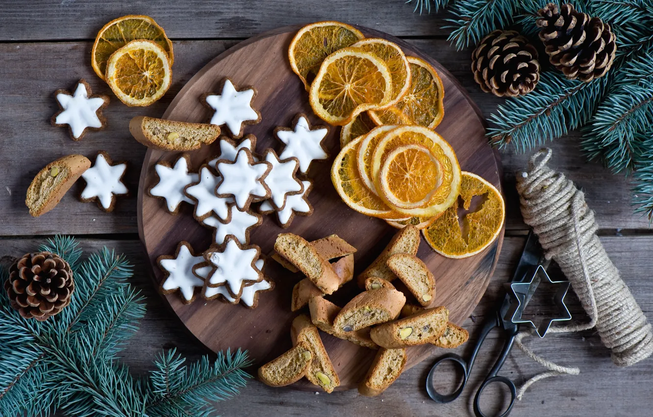 Photo wallpaper branches, spruce, oranges, New Year, cookies, Christmas, stars, bumps