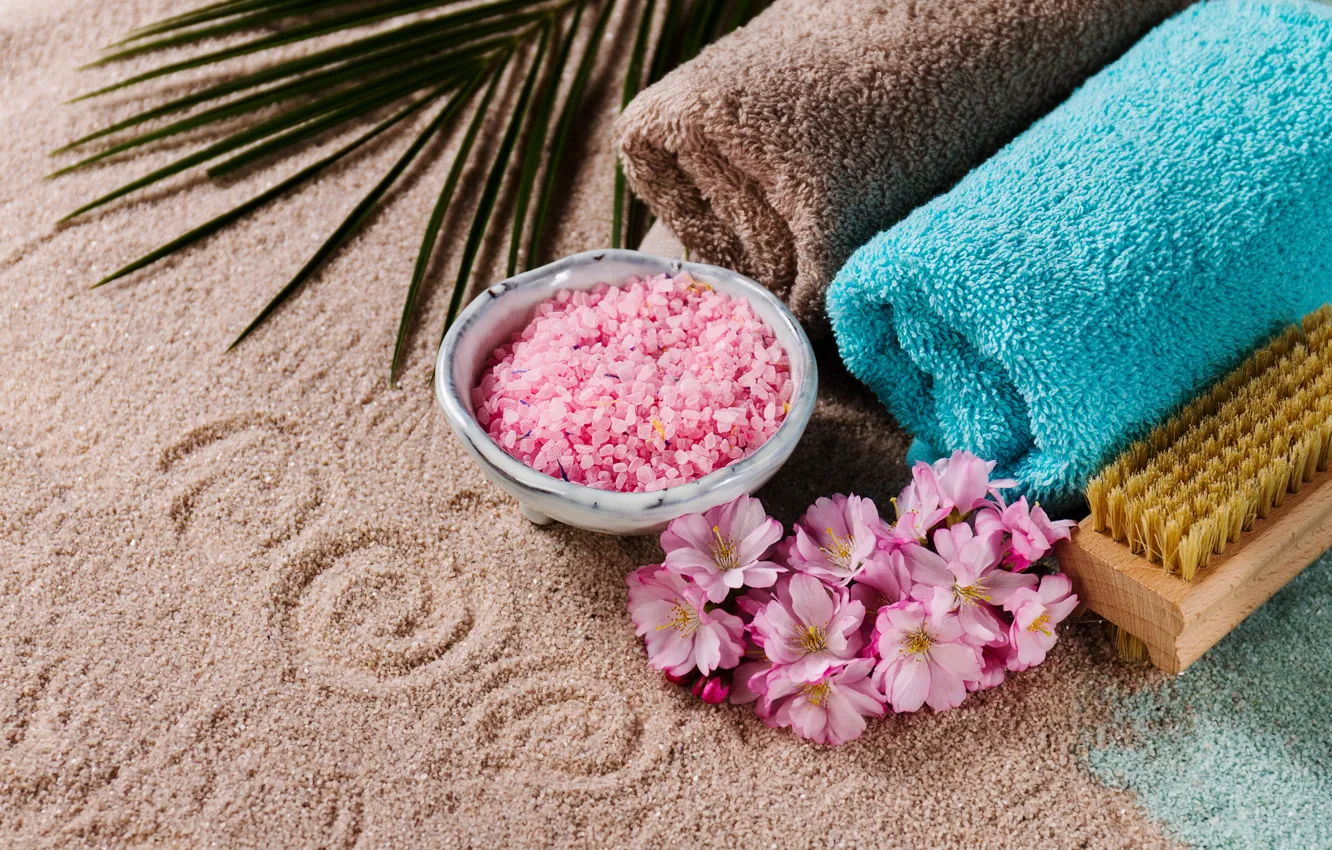 Photo wallpaper sand, flowers, towel, brush, salt