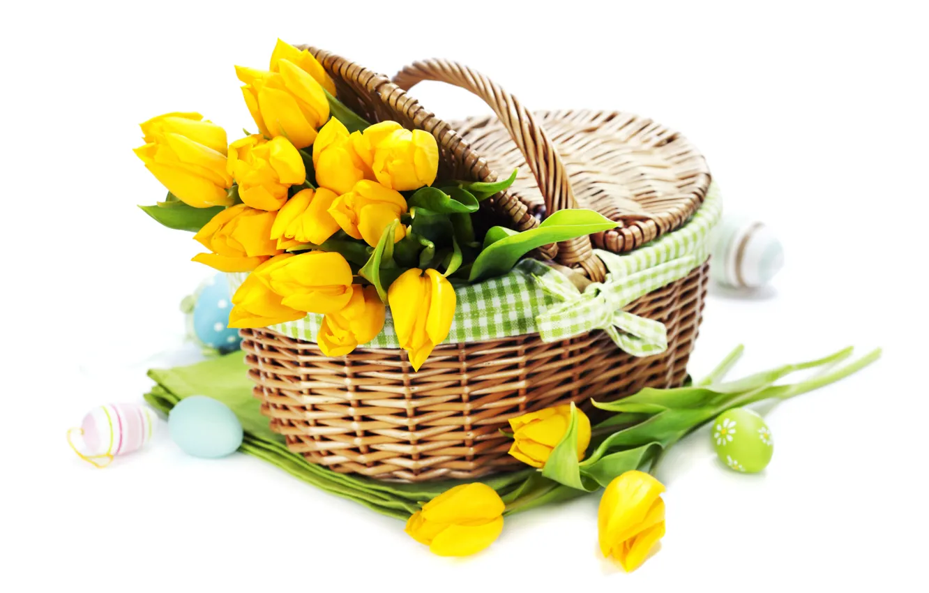 Photo wallpaper holiday, basket, eggs, bouquet, tulips, tulips, Easter, eggs