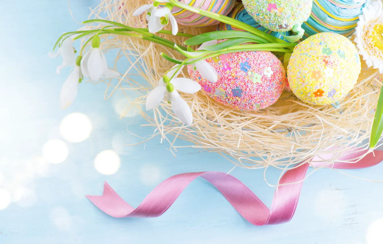 Photo wallpaper Tape, Easter, Eggs, Snowdrops, Holidays, Socket