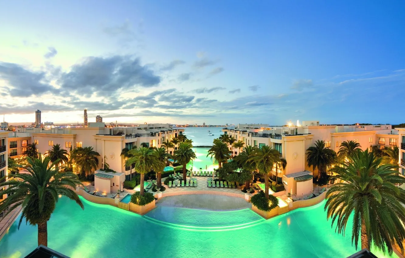 Photo wallpaper sea, trees, landscape, nature, river, palm trees, home, apartment