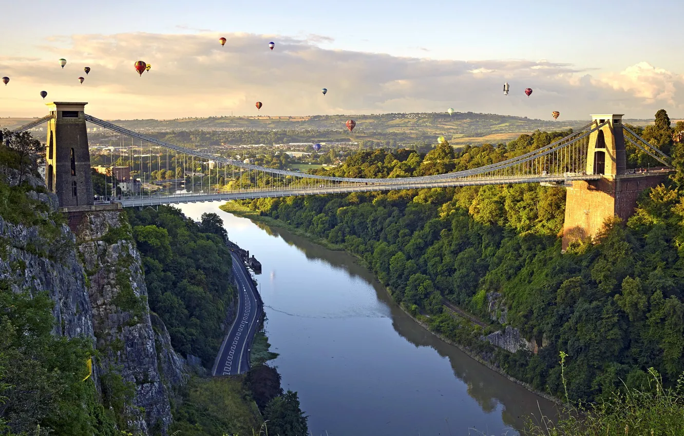 Photo wallpaper bridge, balloon, river, tower