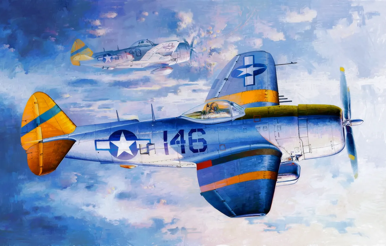 Photo wallpaper fighter, war, art, painting, aviation, WW2, Republic P-47 Thunderbolt