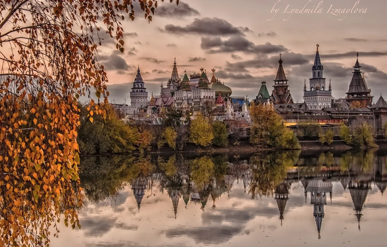 Photo wallpaper autumn, water, trees, pond, reflection, Moscow, temple, Russia
