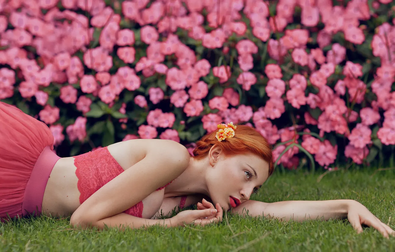 Photo wallpaper flowers, pose, mood, hands, red, redhead