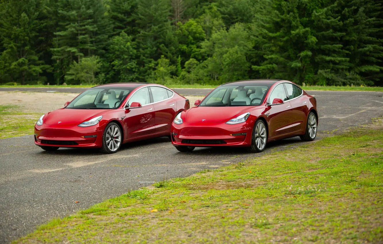 Photo wallpaper Red, Futuristic Car, Electric car, Tesla Model 3