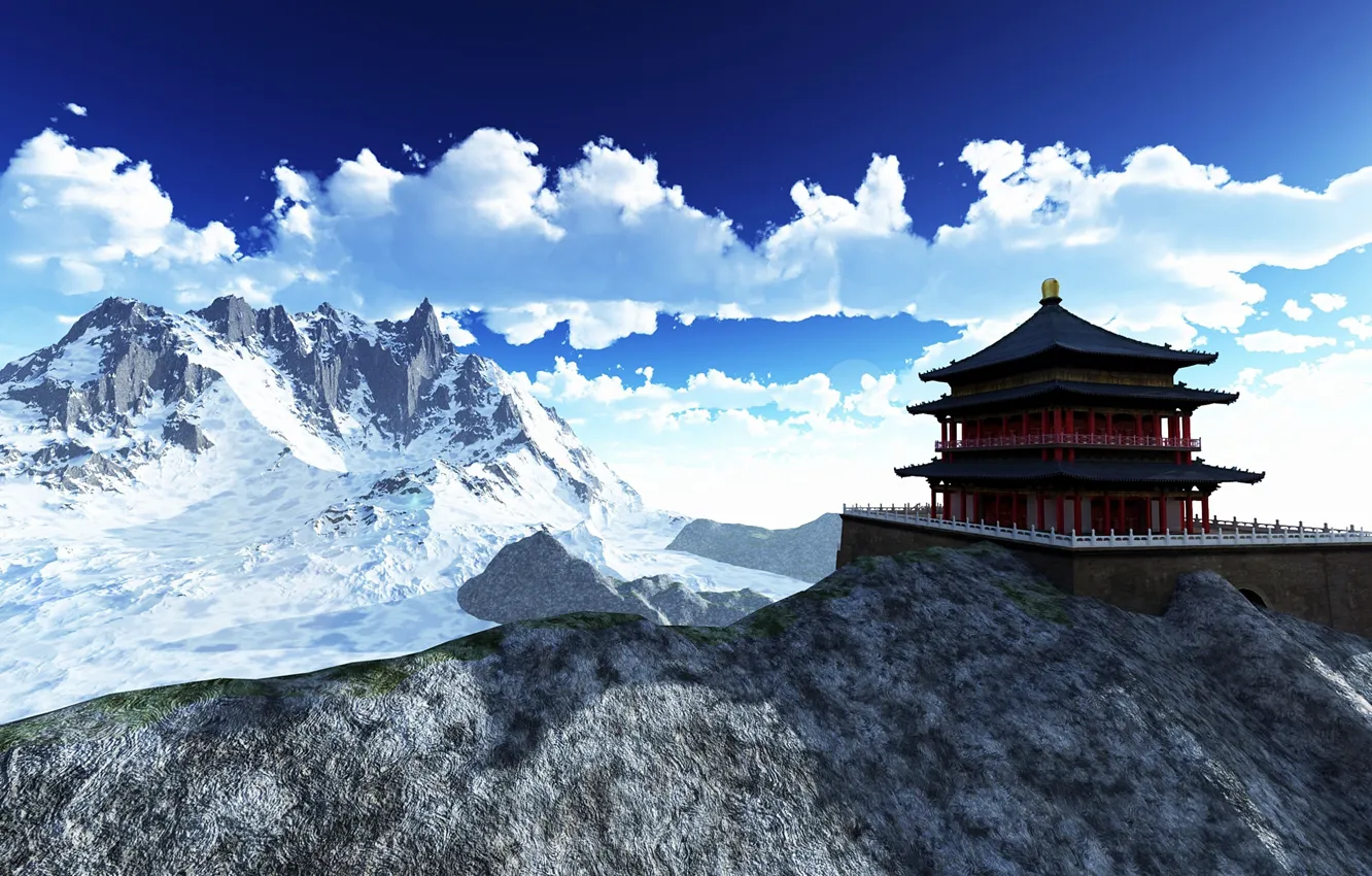 Photo wallpaper clouds, mountains, stones, Asia, Nepal, Tibet, the lonely temple
