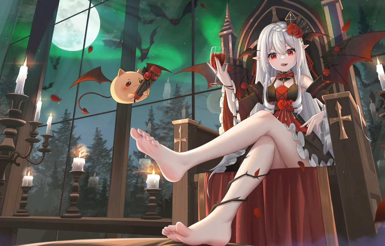 Photo wallpaper girl, night, blood, roses, the full moon, the throne, familiar, vampire