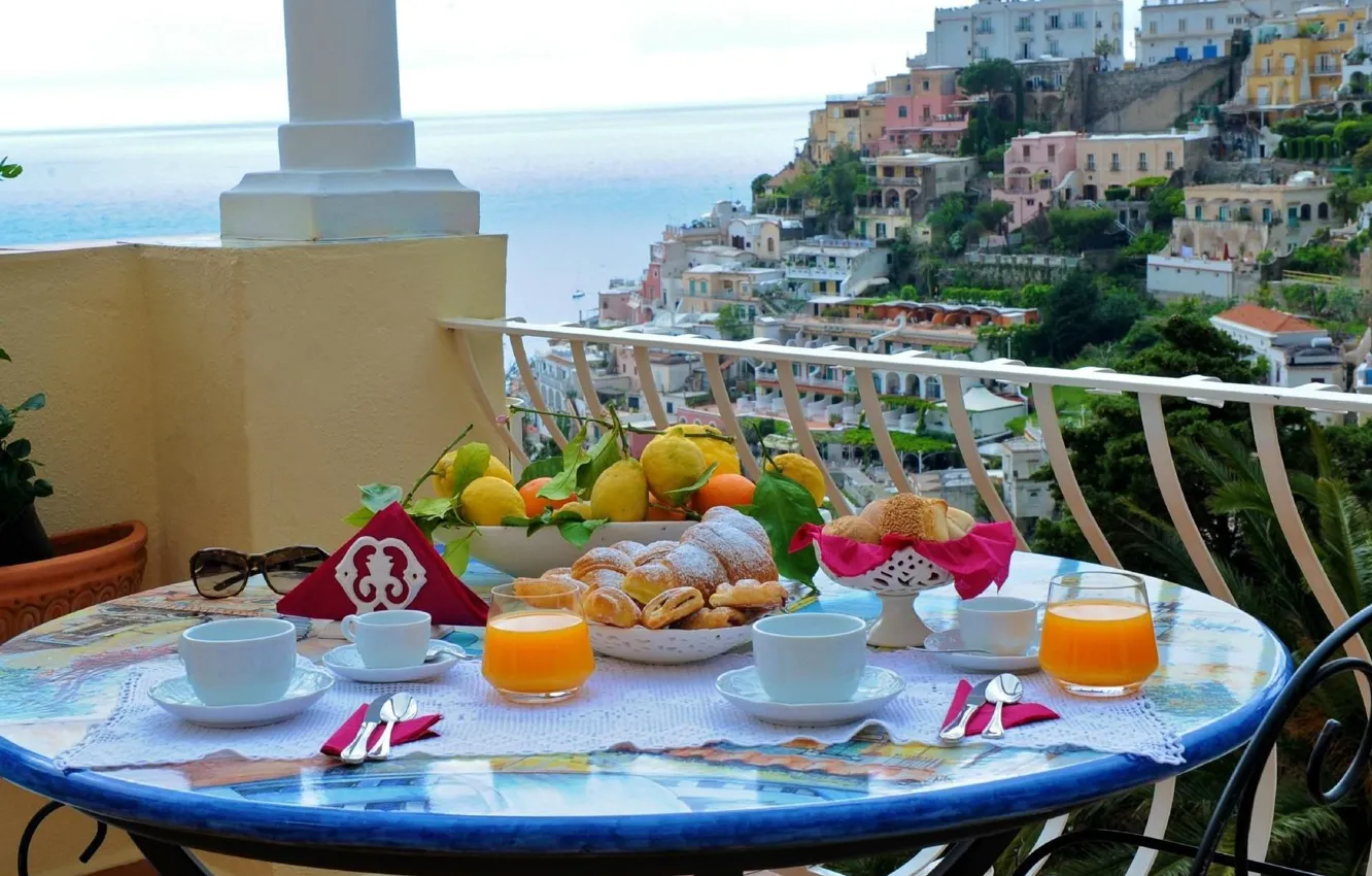 Photo wallpaper food, Breakfast, juice, Italy, balcony, fruit, buns, Positano