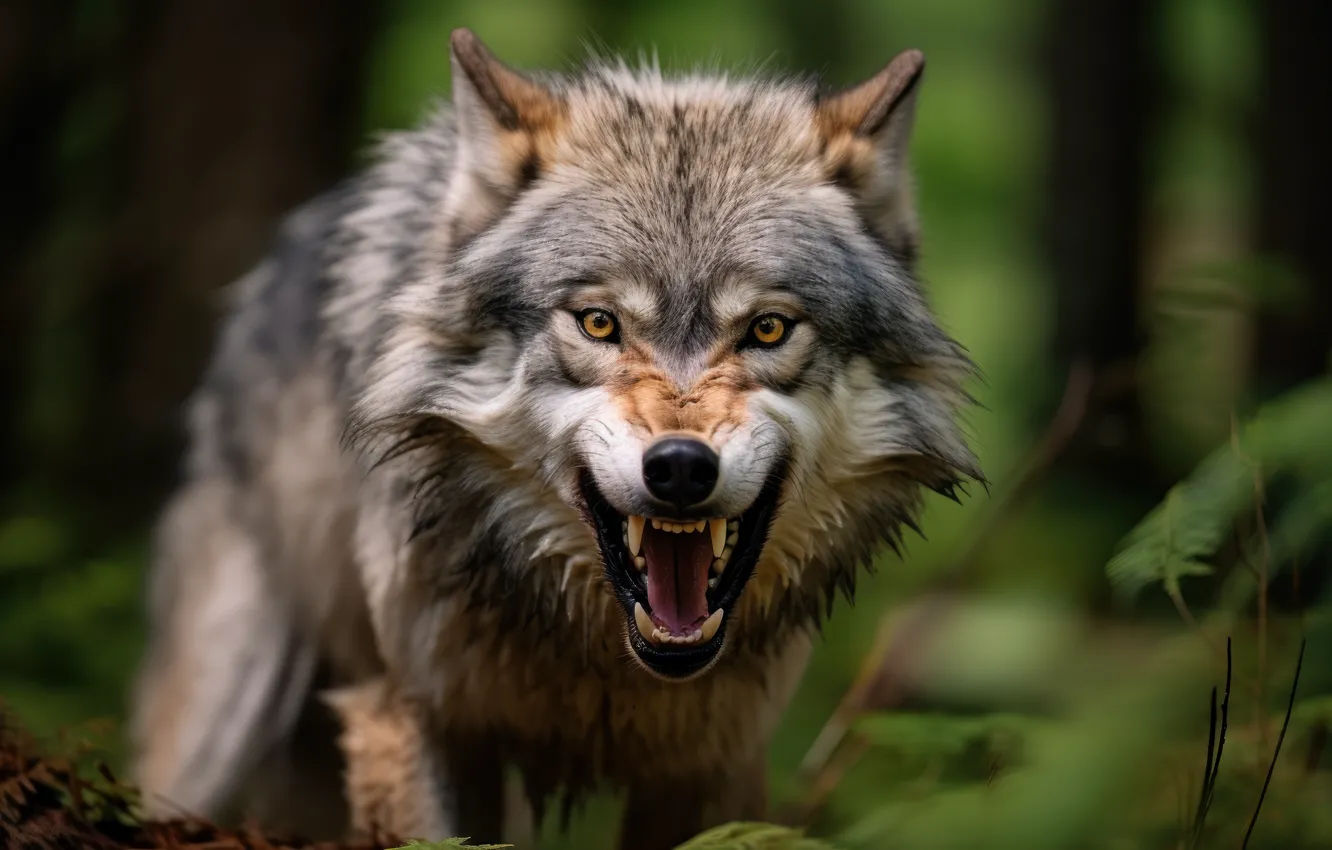 Photo wallpaper look, face, wolf, predator, mouth, fangs, grin, digital art