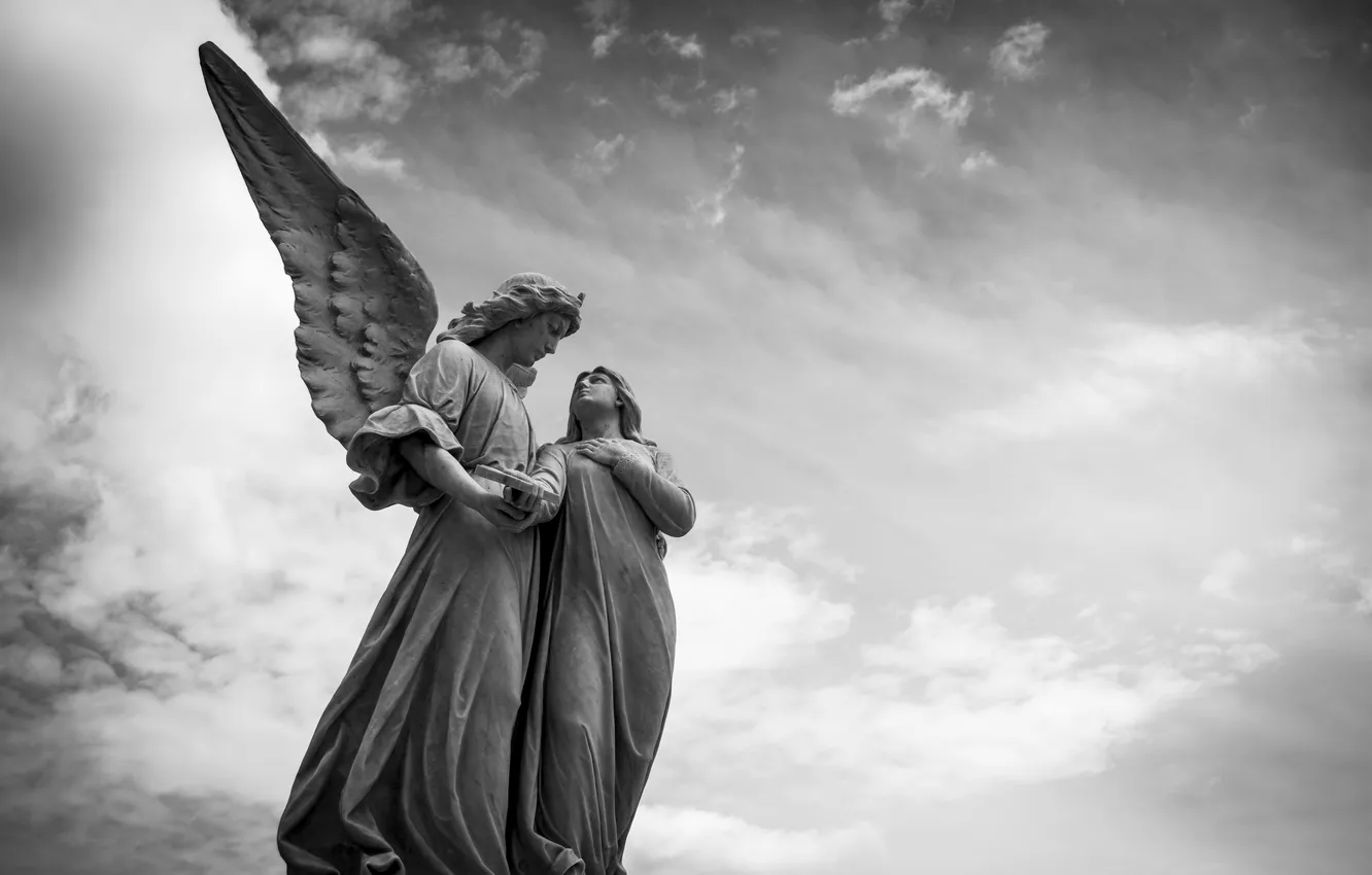 Photo wallpaper angel, monument, black and white, statue, sculpture