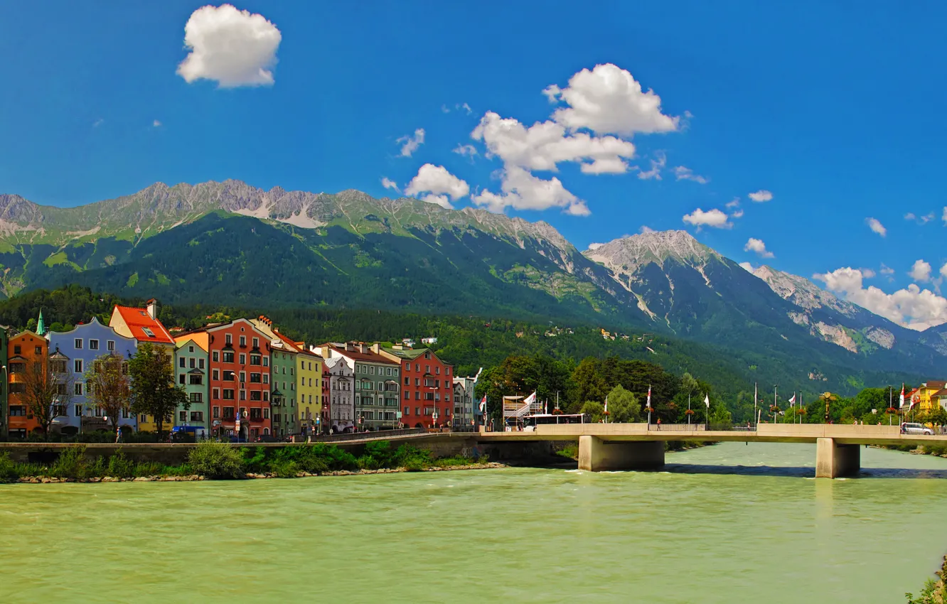 Photo wallpaper the sky, mountains, bridge, the city, river, photo, home, Austria