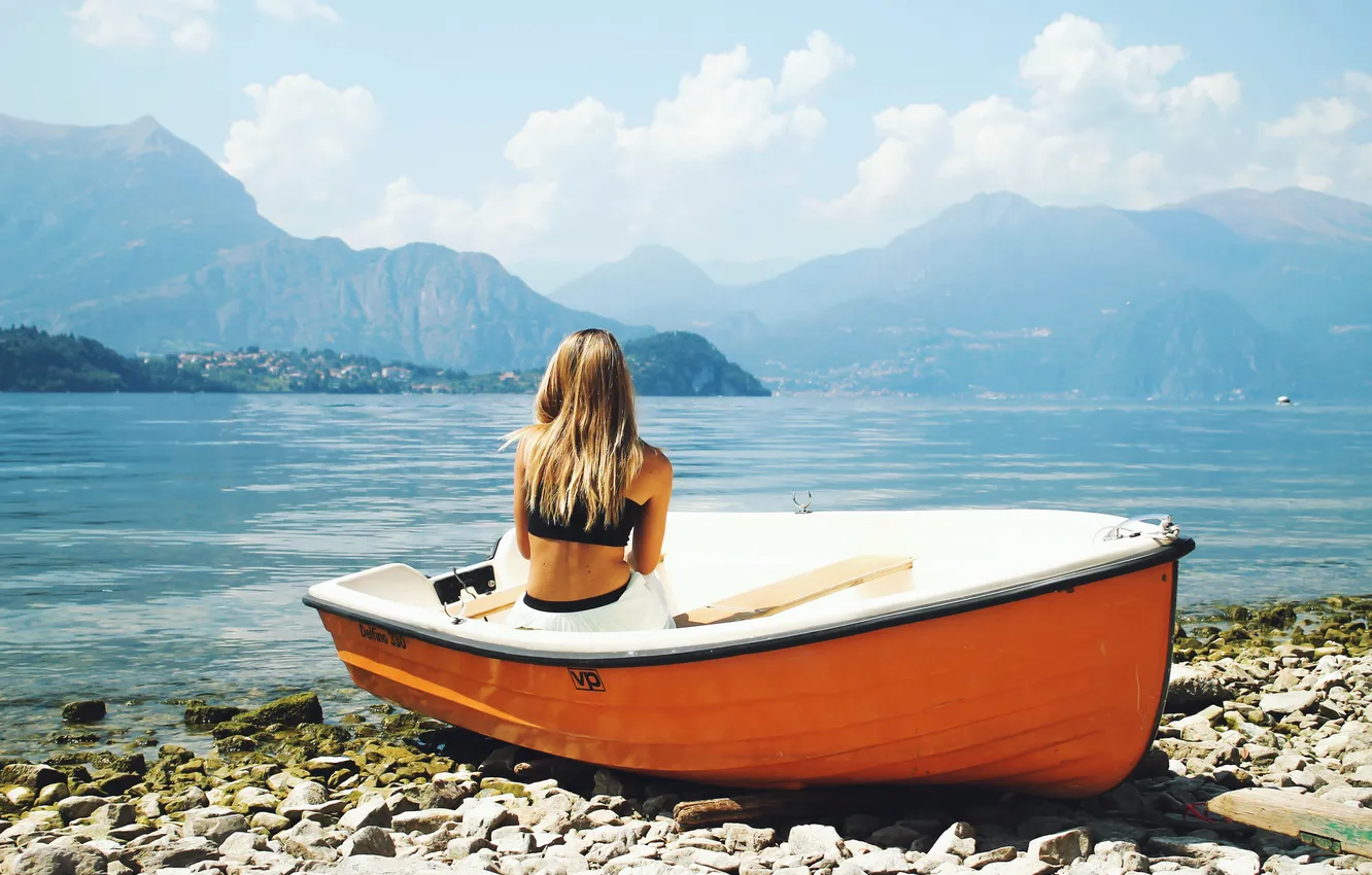 Photo wallpaper girl, nature, boat