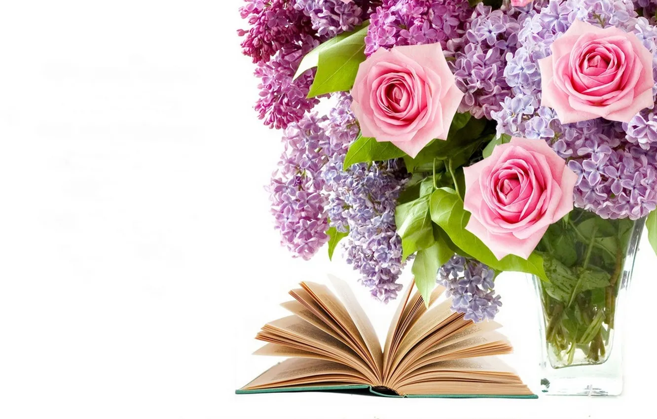 Photo wallpaper flowers, roses, bouquet, book, flowers, lilac, book, bouquet