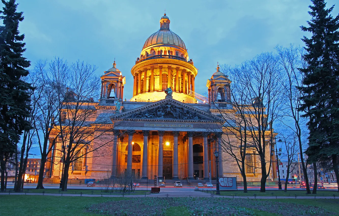 Photo wallpaper the sky, trees, lights, dawn, backlight, Saint Petersburg, St. Isaac's Cathedral