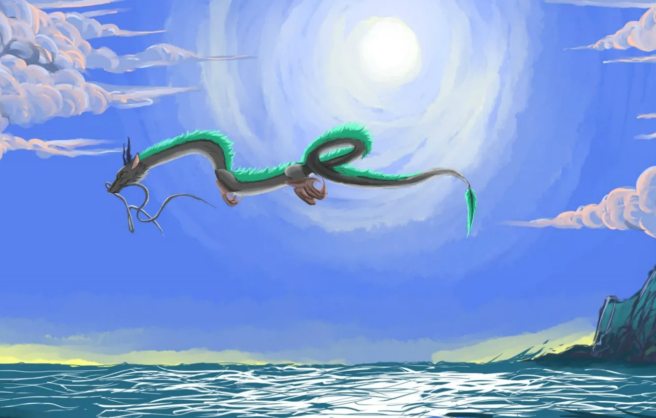 Photo wallpaper sea, the sky, clouds, dragon, spirited away, Haku, Spirited Away