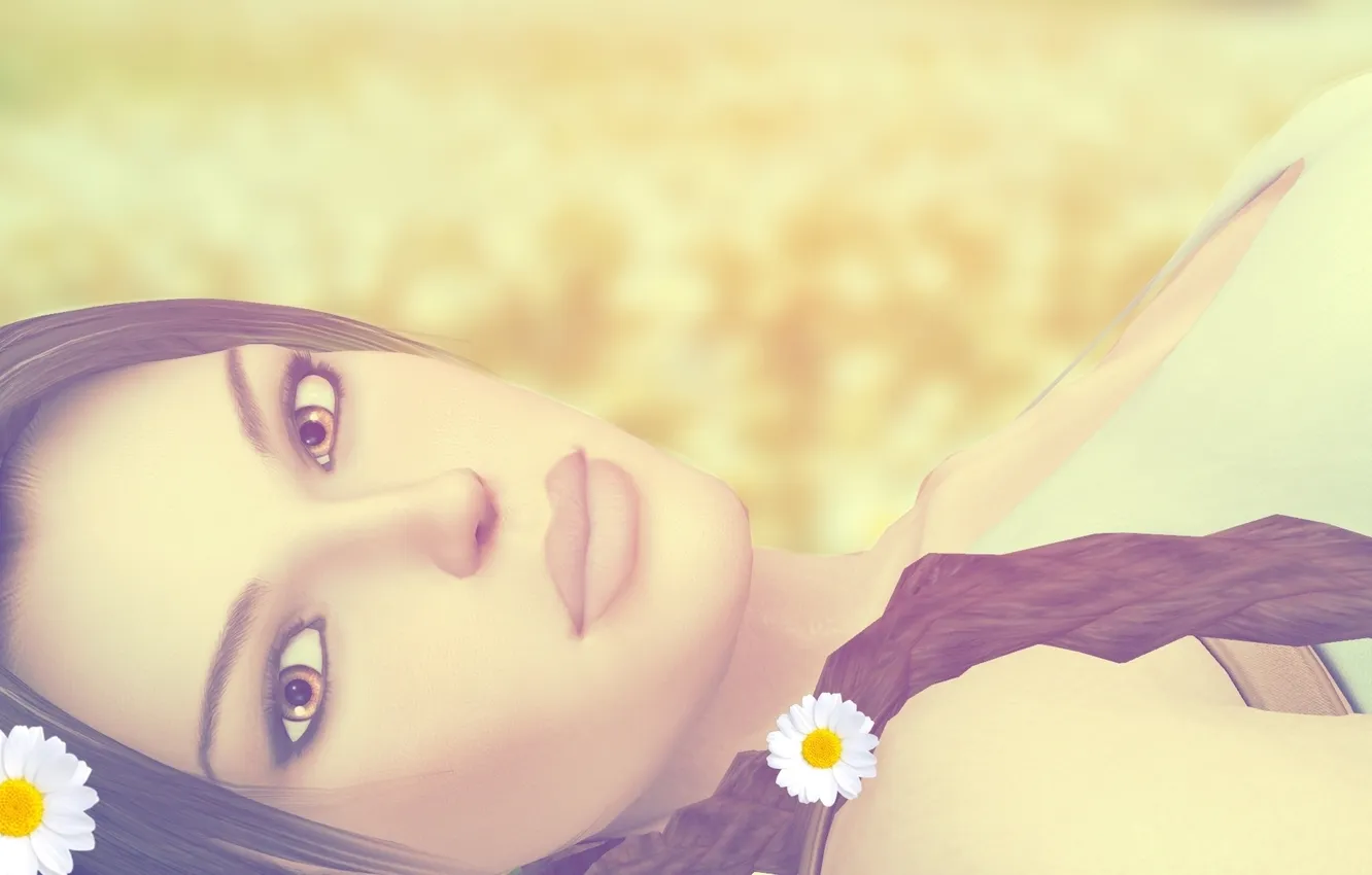 Photo wallpaper look, girl, flowers, face, the game, chamomile, lies, braids