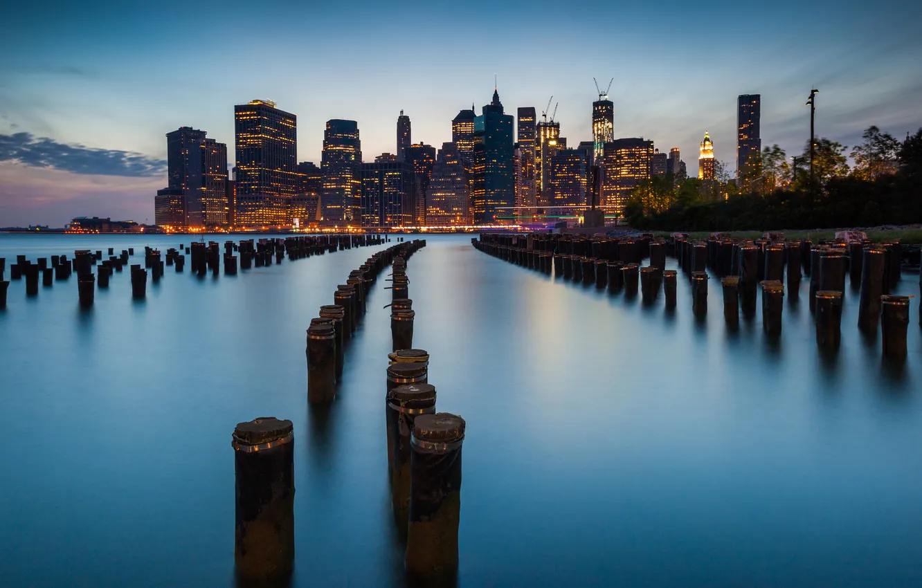 Photo wallpaper the city, river, shore, the evening, New York, piles, USА, Tulton Ferry