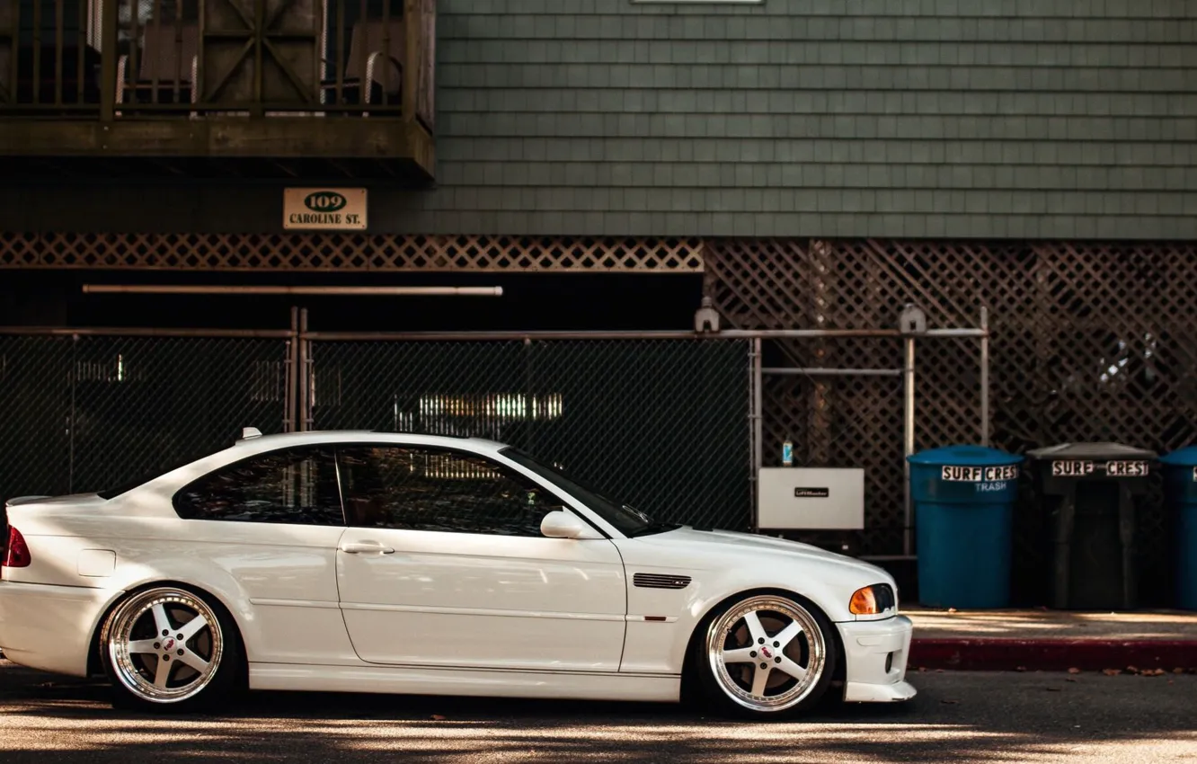 Photo wallpaper BMW, white, tuning, Side, bmw m3, stance, m3 e46