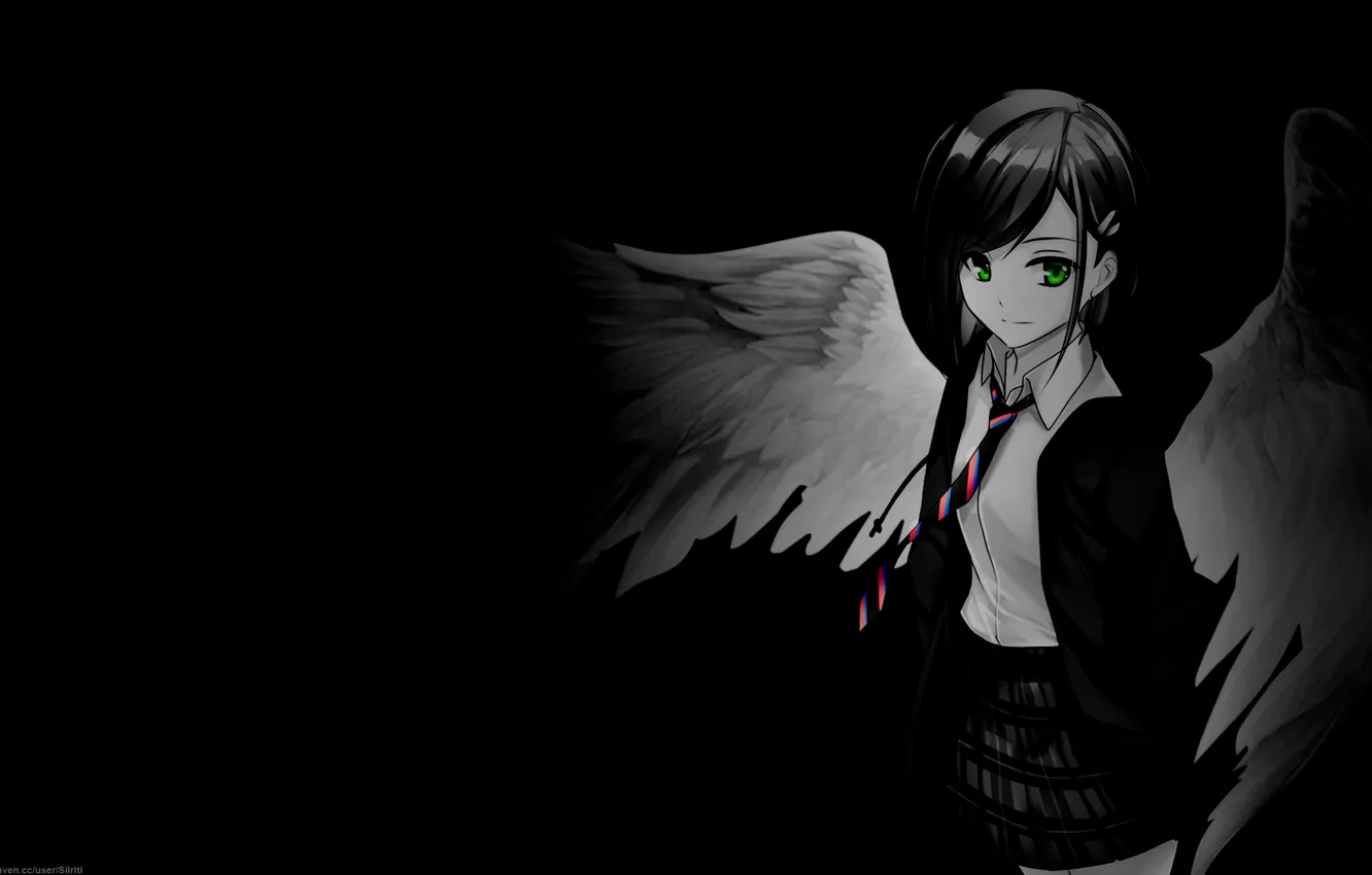 Photo wallpaper schoolgirl, wings, uniform, anime, girl, black background, angel