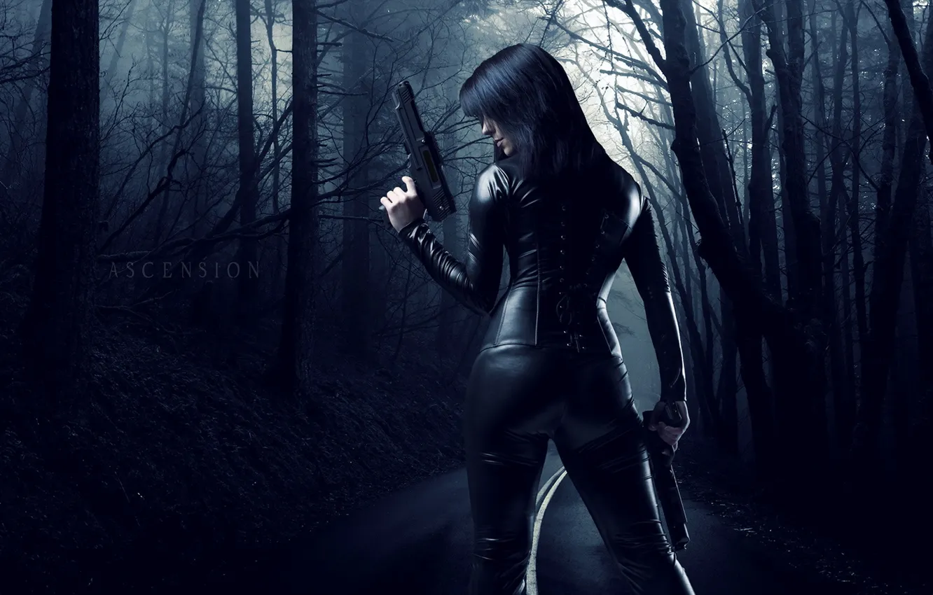 Photo wallpaper road, girl, weapons