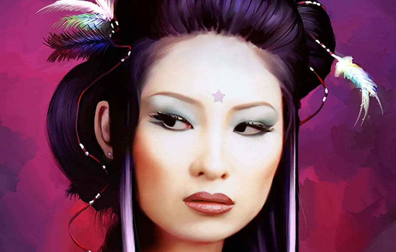 Photo wallpaper eyes, girl, face, woman, star, Japan, feathers, makeup