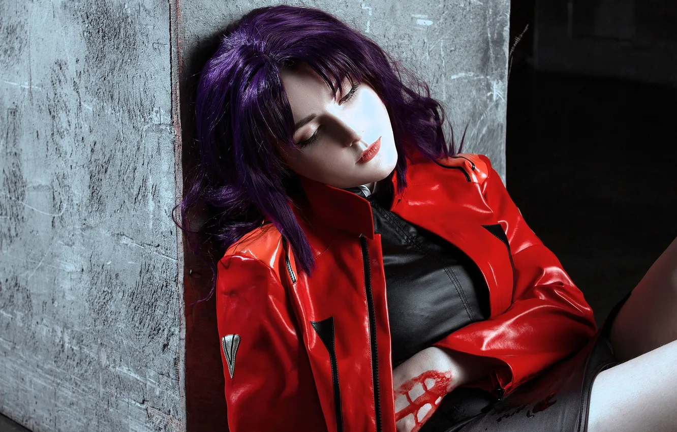Photo wallpaper jacket, outfit, Evangelion, cosplay, blood, girl, purple hair, costume