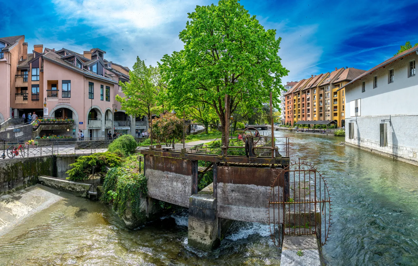 Photo wallpaper trees, France, home, water channel, Annecy