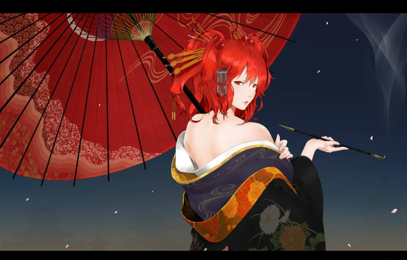 Photo wallpaper petals, hairstyle, geisha, mouthpiece, kimono, flirting, red umbrella, red hair