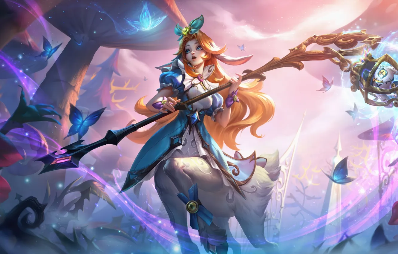 Photo wallpaper the sky, butterfly, mushrooms, staff, game, characters, League of Legends, lol