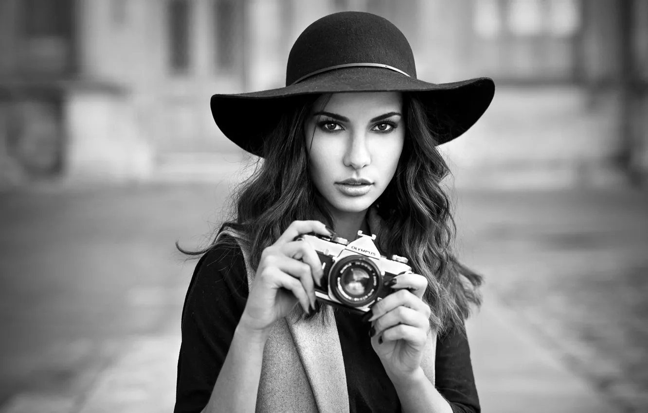 Photo wallpaper pose, background, model, portrait, hat, makeup, brunette, hairstyle