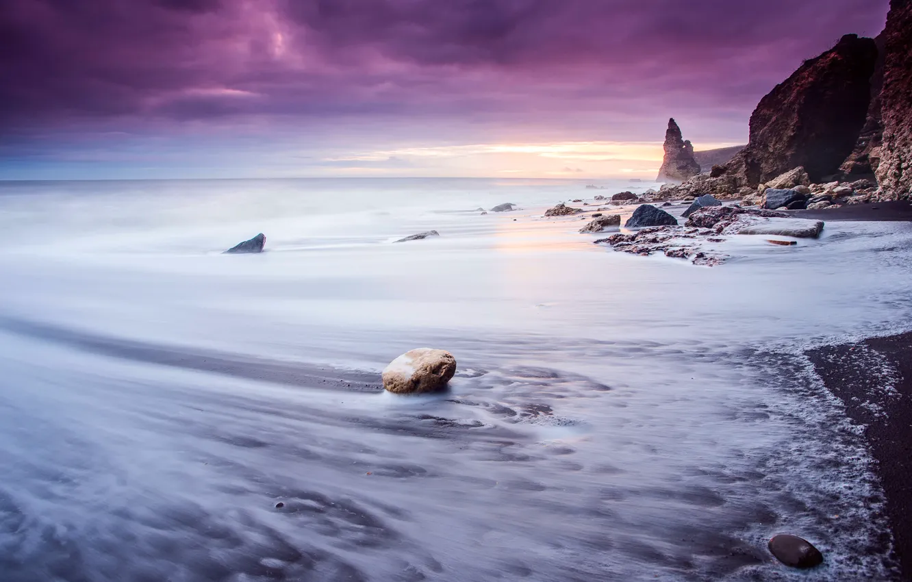 Photo wallpaper sea, wave, beach, the sky, clouds, light, stones, rocks