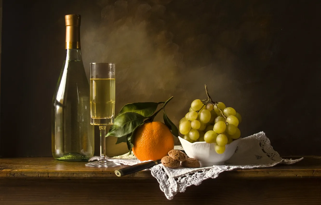Photo wallpaper wine, glass, bottle, orange, cookies, grapes, still life