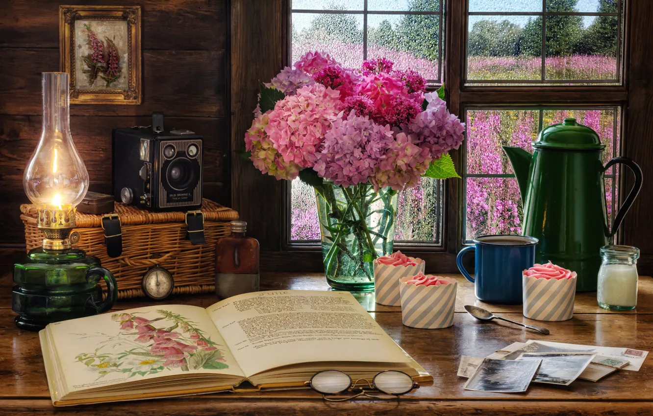 Photo wallpaper flowers, lamp, window, glasses, mug, book, still life, dessert