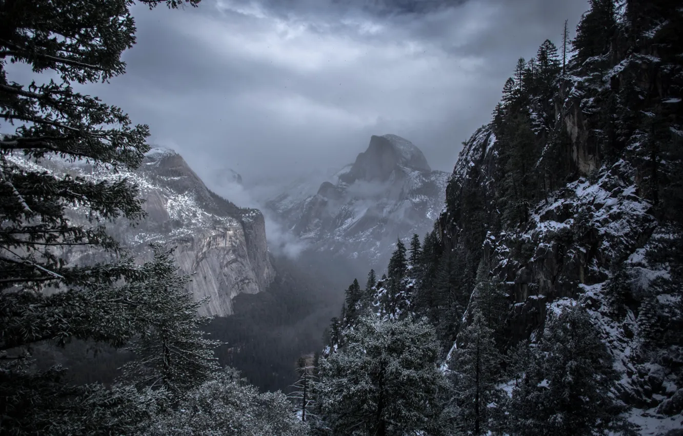 Photo wallpaper winter, the sky, snow, trees, mountains, clouds, nature, rocks