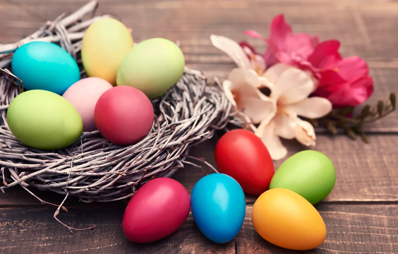 Photo wallpaper flowers, eggs, Easter, socket, colorful, eggs