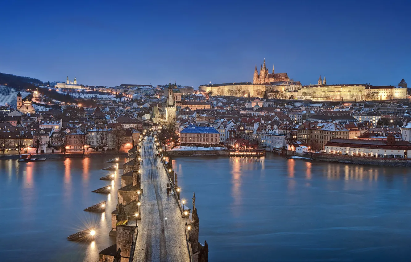 Photo wallpaper lights, Prague, blue hour, cityscape, Czech Republic