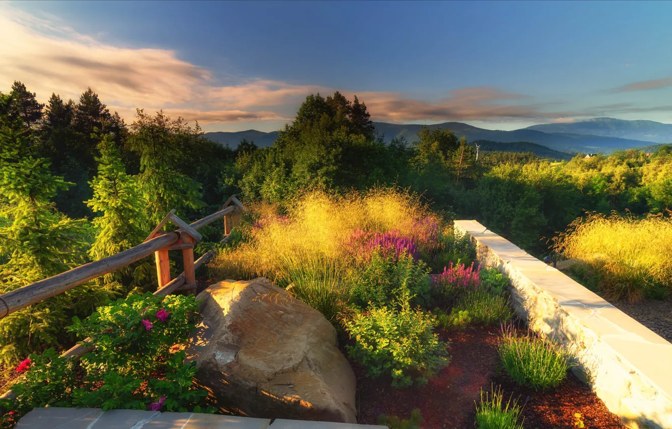 Photo wallpaper landscape, mountains, nature, stones, dawn, vegetation, morning, garden